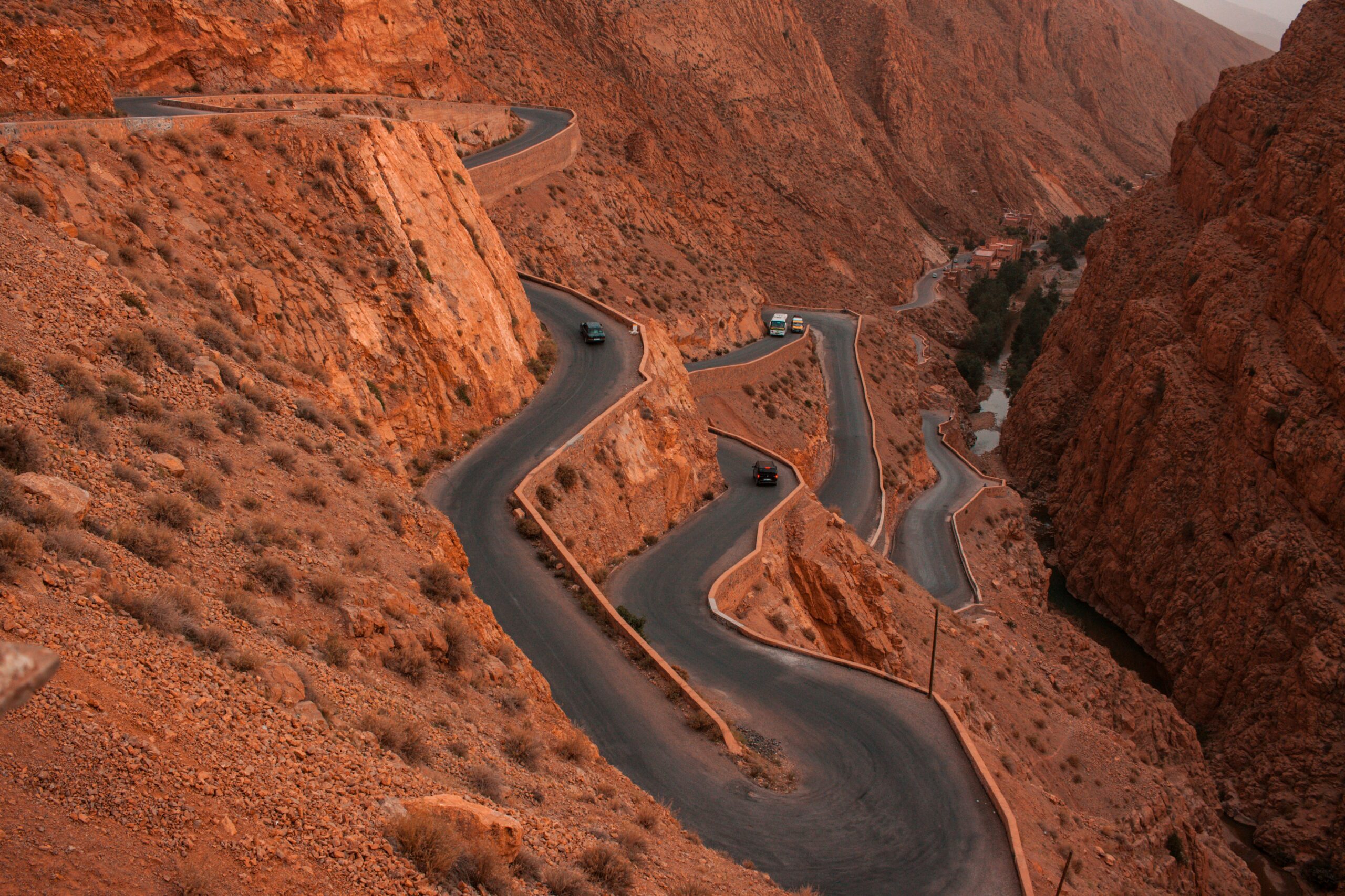Winding Dades Gorge road in red cliffs